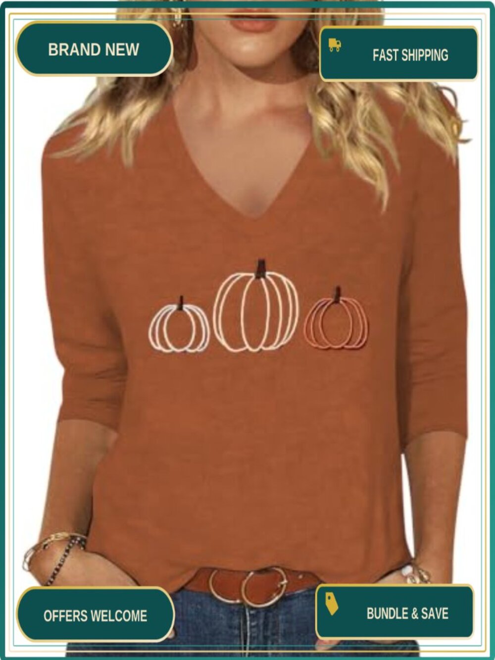 Embroidered Graphic T-Shirt Womens V-Neck 3/4 Sleeve Fall Halloween Christmas